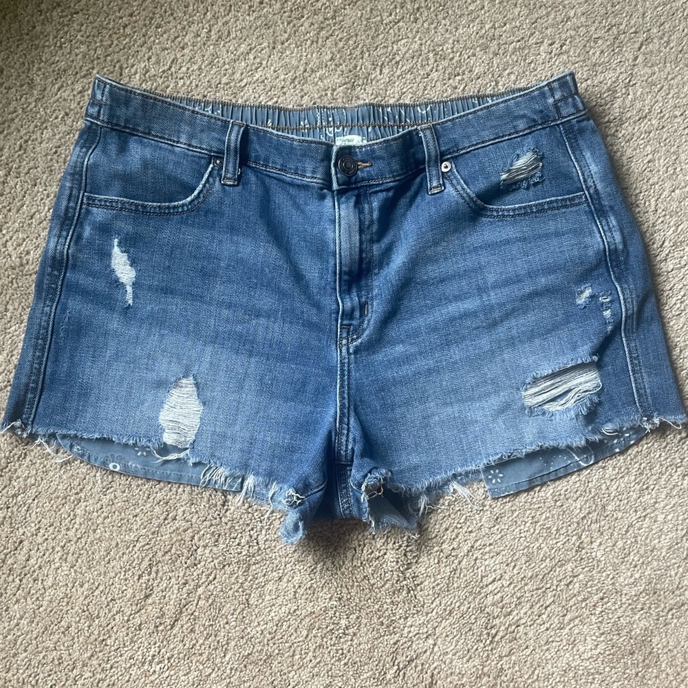 Aerie Blue Jean Distressed Shorts Size Large Elastic Waistband